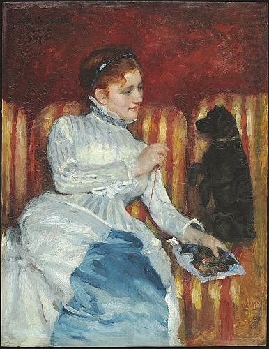 Mary Cassatt Woman on a Striped Sofa with a Dog china oil painting image